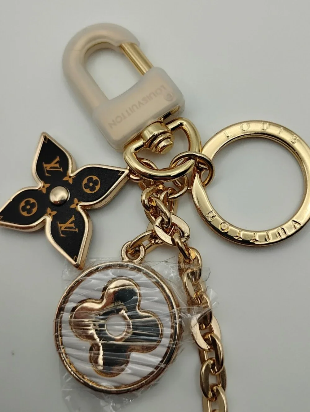 Louis Vuitton Gold & Pink LV Charm Keychain Authentic